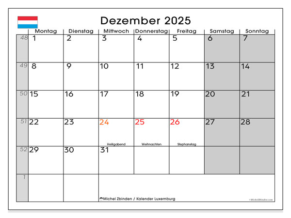 Kalendarz do druku, grudzień 2025, Luksemburg (DE)
