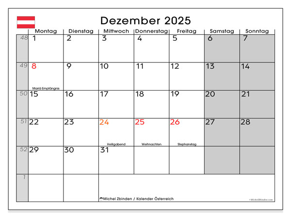 Kalender for utskrift, desember 2025, Østerrike