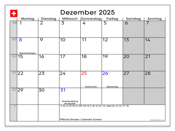 Calendrier à imprimer, decembrie 2025, Elveția (DE)