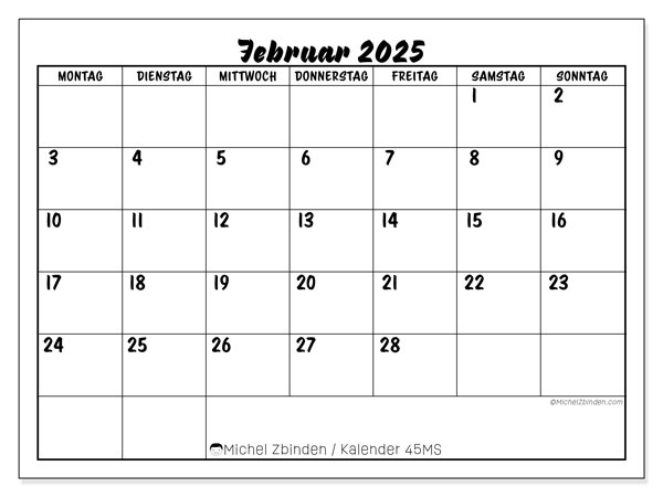 Kalender Februar 2025 “45”. Plan zum Ausdrucken kostenlos.. Montag bis Sonntag