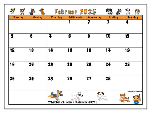 Kalender Februar 2025 “482”. Programm zum Ausdrucken kostenlos.. Sonntag bis Samstag