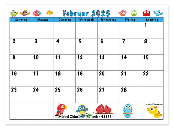 Kalender Februar 2025 “483”. Kalender zum Ausdrucken kostenlos.. Sonntag bis Samstag
