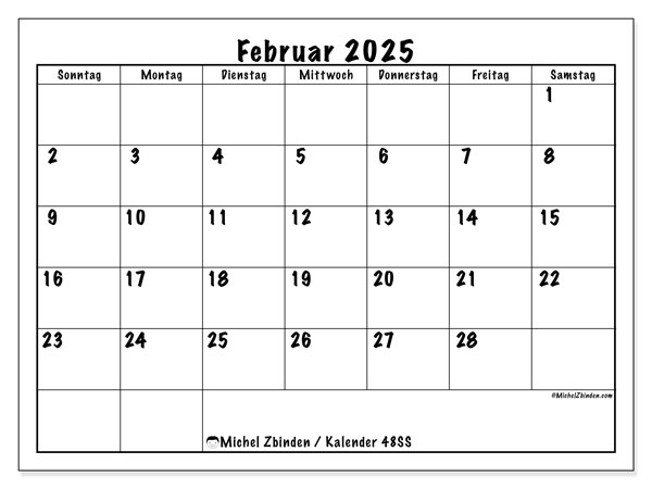 Kalender Februar 2025 “48”. Programm zum Ausdrucken kostenlos.. Sonntag bis Samstag