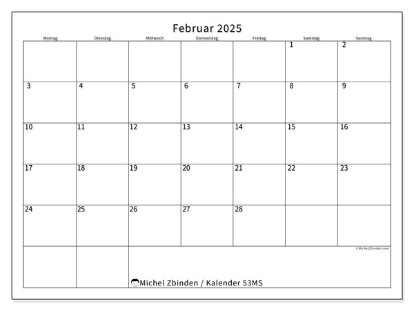 Kalender Februar 2025 “53”. Programm zum Ausdrucken kostenlos.. Montag bis Sonntag