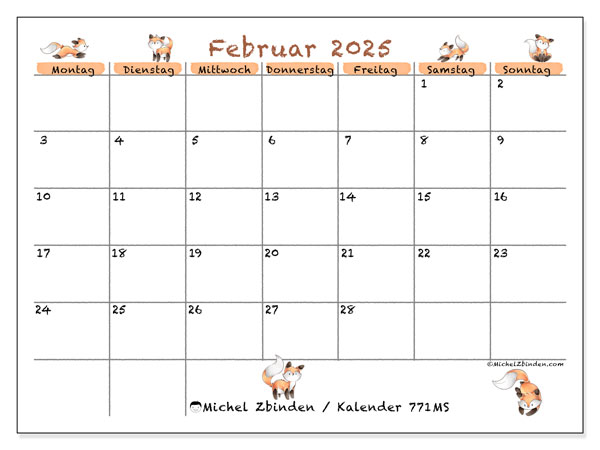 Kalender Februar 2025, 771MS. Kalender zum Ausdrucken kostenlos.