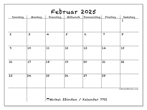 Kalender Februar 2025 “77”. Kalender zum Ausdrucken kostenlos.. Sonntag bis Samstag