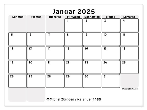 Kalender Januar 2025, 44SS. Plan zum Ausdrucken kostenlos.