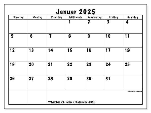Kalender Januar 2025, 48SS. Plan zum Ausdrucken kostenlos.