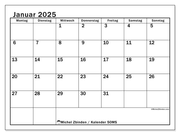 Kalender Januar 2025, 50MS. Plan zum Ausdrucken kostenlos.