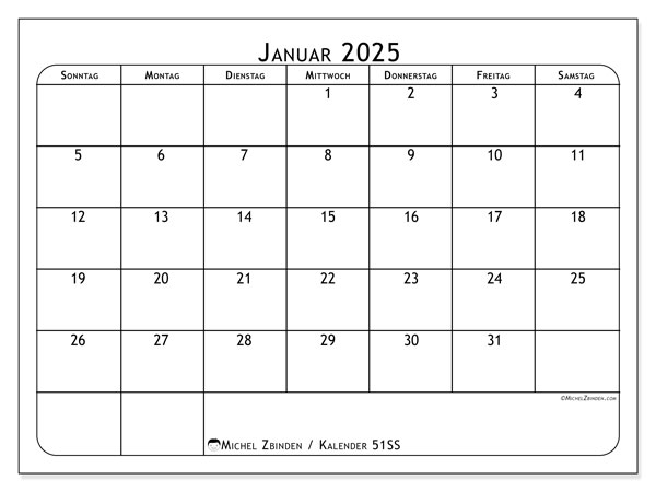 Kalender Januar 2025, 51SS. Plan zum Ausdrucken kostenlos.