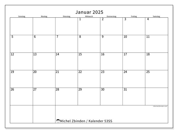 Kalender Januar 2025 “53”. Plan zum Ausdrucken kostenlos.. Sonntag bis Samstag