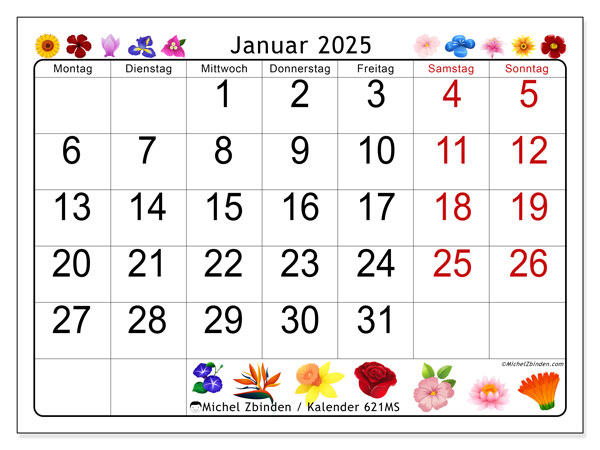 Kalender zum Ausdrucken, Januar 2025, 621MS