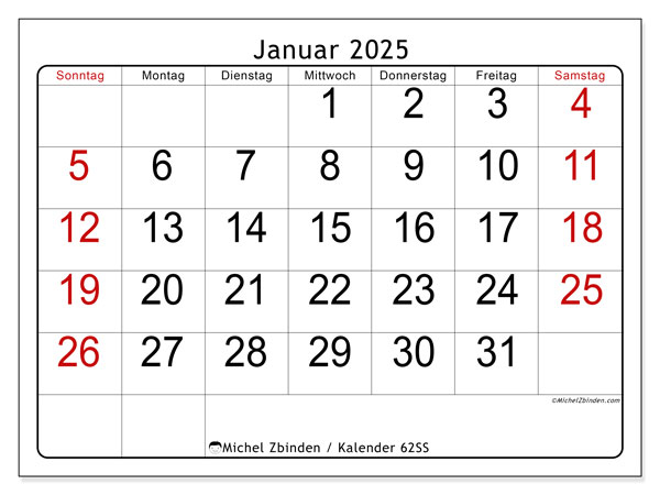 Kalender Januar 2025, 62SS. Plan zum Ausdrucken kostenlos.