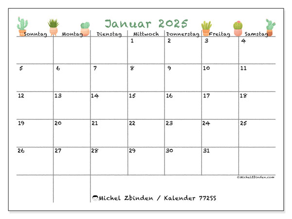 Kalender Januar 2025 “772”. Plan zum Ausdrucken kostenlos.. Sonntag bis Samstag