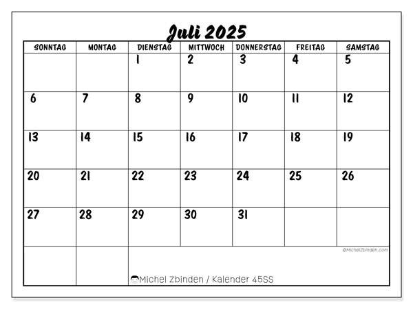 Kalender zum Ausdrucken, Juli 2025, 45SS