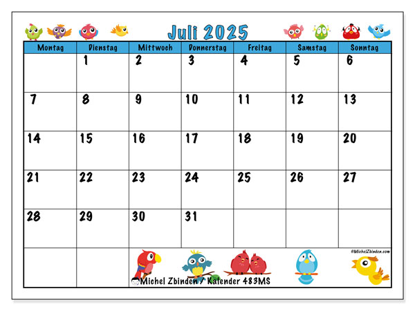 Kalender zum Ausdrucken, Juli 2025, 483MS