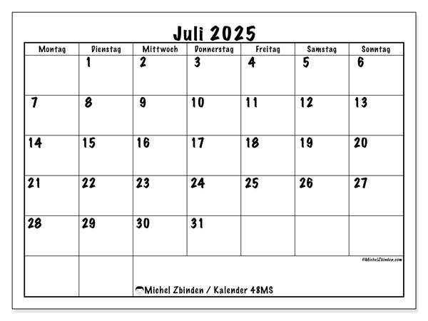 Kalender zum Ausdrucken, Juli 2025, 48MS