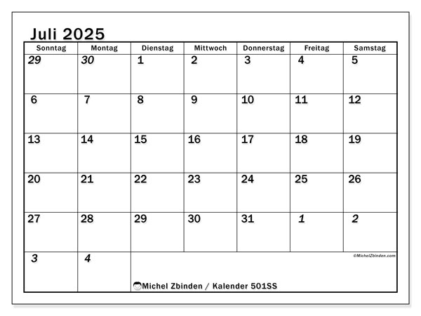 Kalender zum Ausdrucken, Juli 2025, 501SS