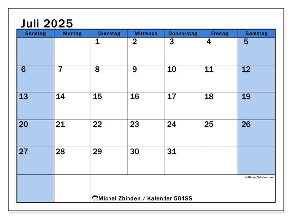Kalender zum Ausdrucken, Juli 2025, 504SS