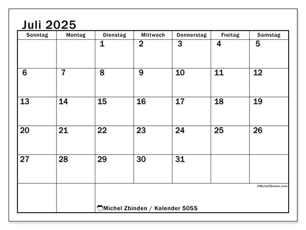 Kalender zum Ausdrucken, Juli 2025, 50SS