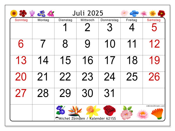 Kalender zum Ausdrucken, Juli 2025, 621SS