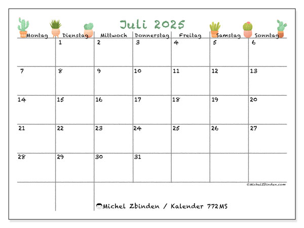 Kalender zum Ausdrucken, Juli 2025, 772MS