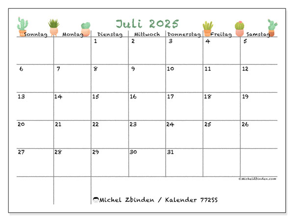 Kalender zum Ausdrucken, Juli 2025, 772SS