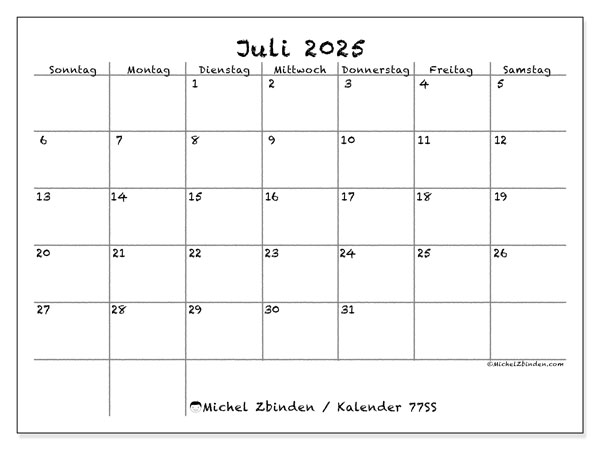 Kalender zum Ausdrucken, Juli 2025, 77SS