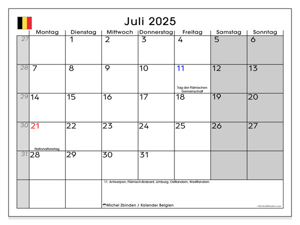 Kalendarz do druku, lipiec 2025, Belgia (DE)