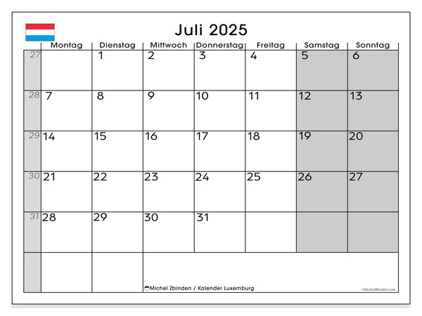 Kalendarz do druku, lipiec 2025, Luksemburg (DE)