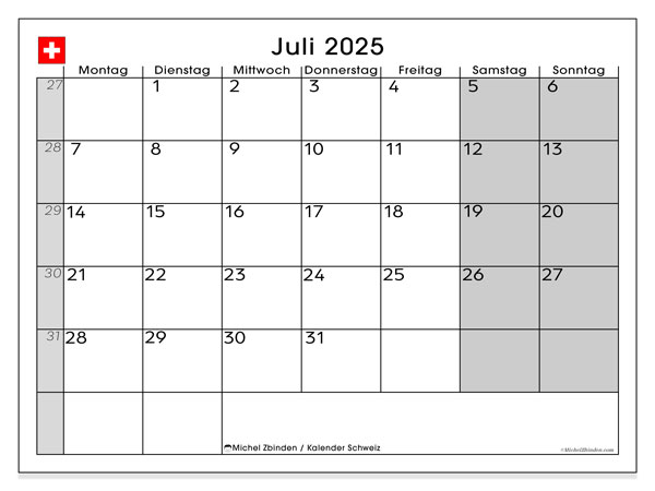 Kalender zum Ausdrucken, Juli 2025, Schweiz