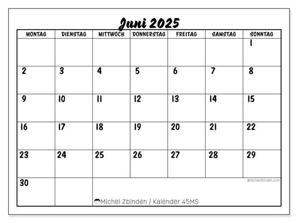 Kalender zum Ausdrucken, Juni 2025, 45MS