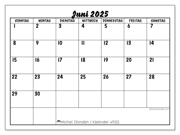Kalender zum Ausdrucken, Juni 2025, 45SS