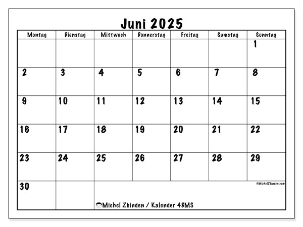 Kalender zum Ausdrucken, Juni 2025, 48MS
