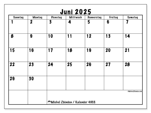 Kalender zum Ausdrucken, Juni 2025, 48SS