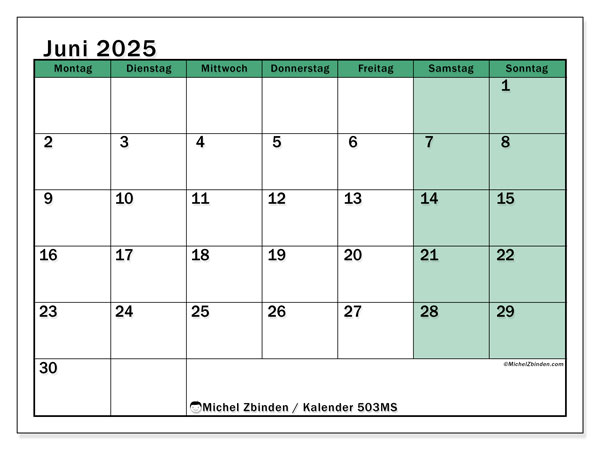Kalender zum Ausdrucken, Juni 2025, 503MS