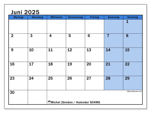 Kalender zum Ausdrucken, Juni 2025, 504MS