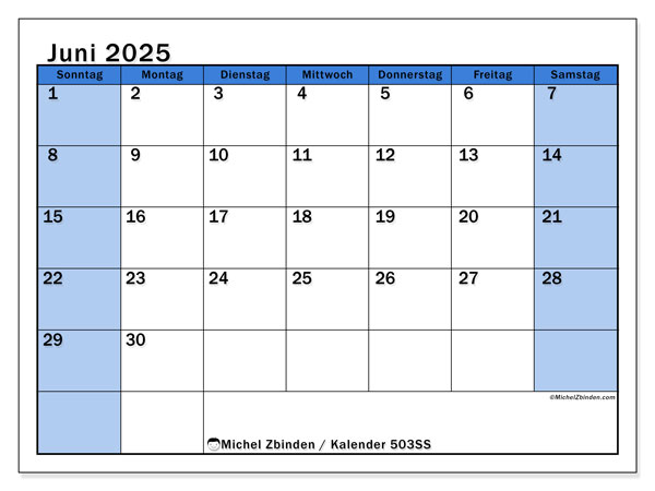 Kalender zum Ausdrucken, Juni 2025, 504SS