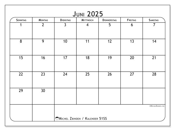 Kalender Juni 2025 “51”. Programm zum Ausdrucken kostenlos.. Sonntag bis Samstag