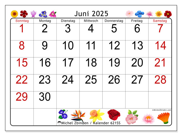 Kalender zum Ausdrucken, Juni 2025, 621SS