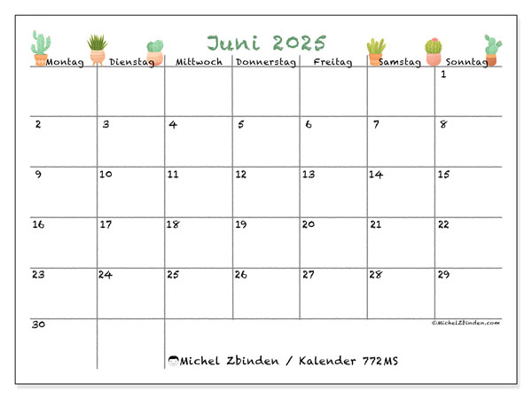Kalender zum Ausdrucken, Juni 2025, 772MS