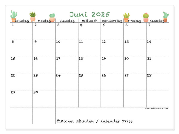Kalender zum Ausdrucken, Juni 2025, 772SS