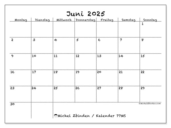 Kalender zum Ausdrucken, Juni 2025, 77MS
