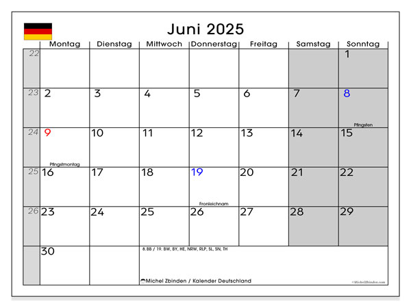 Tulostettava kalenteri, kesäkuu 2025, Saksa (DE)