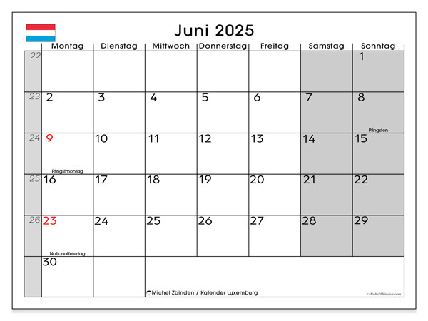Tulostettava kalenteri, kesäkuu 2025, Luxemburg (DE)
