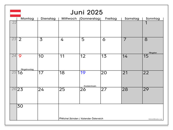 Tulostettava kalenteri, kesäkuu 2025, Itävalta (DE)