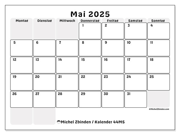Kalender Mai 2025, 44MS. Kalender zum Ausdrucken kostenlos.