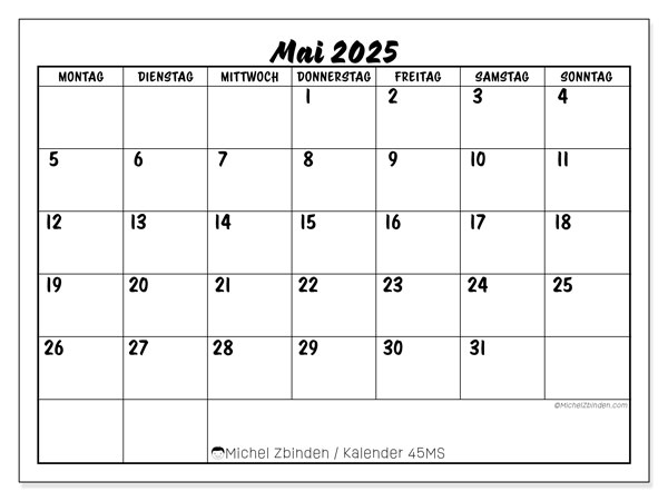 Kalender zum Ausdrucken, Mai 2025, 45MS