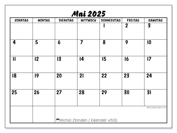 Kalender zum Ausdrucken, Mai 2025, 45SS