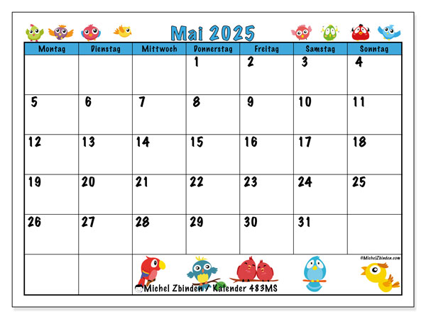 Kalender zum Ausdrucken, Mai 2025, 483MS